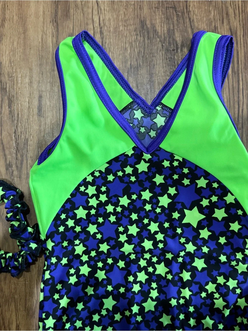 Girls' Neon Green & Blue Star-Print One-Piece Gymnastics Leotard with Scrunchie